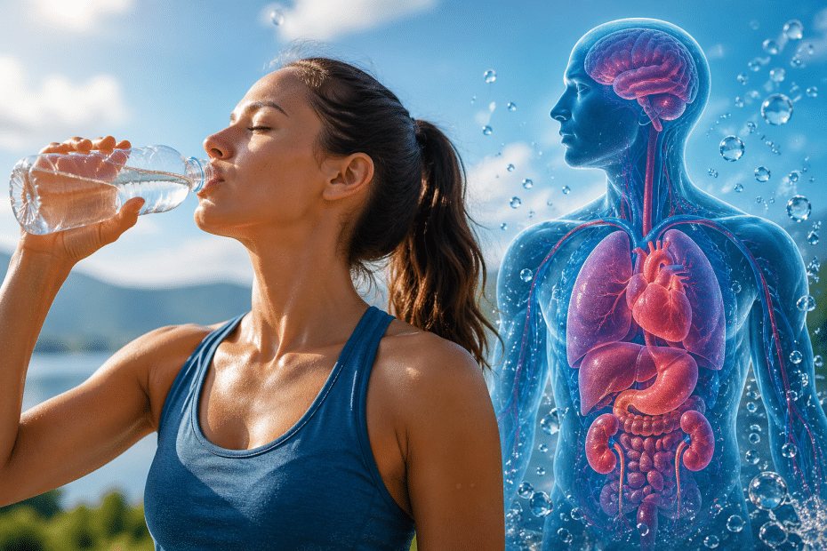 Woman in a blue athletic top drinks water outdoors, with a translucent blue diagram of the human body showing internal organs beside her.